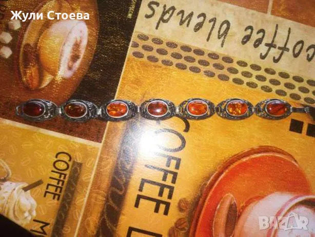 Масивна сребърна гривна с естествен кехлибар, снимка 3 - Гривни - 56231480
