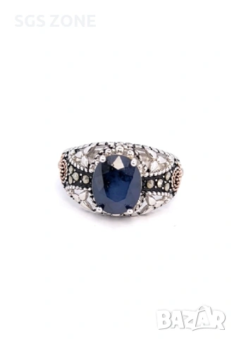 Мъжки сребърен пръстен със сапфир и марказит, снимка 7 - Пръстени - 53369400