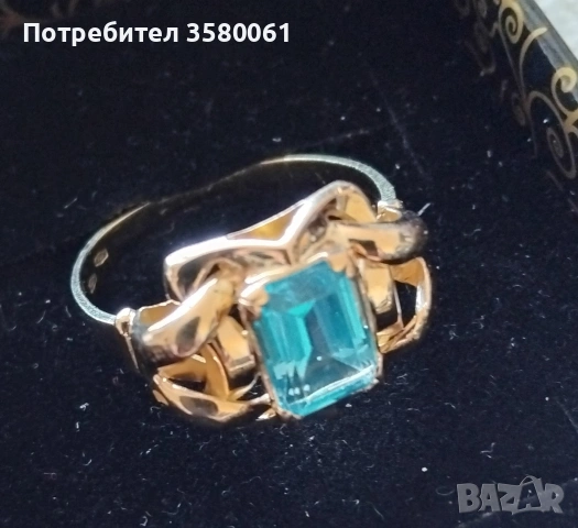 Златен пръстен 18К с син топаз , снимка 2 - Пръстени - 53748478