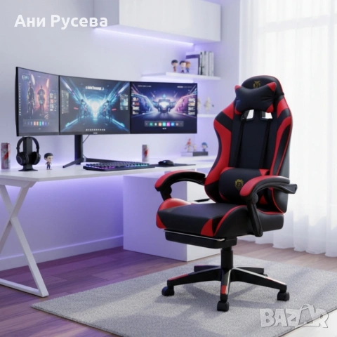 Удобен геймърски стол с поставка за крака и масажна лумбална възглавница, Черно-червен, снимка 3 - Геймърски - 53488213