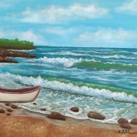 Морски пейзаж с лодка маслена картина, снимка 1 - Картини - 39227577