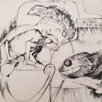 Картина Ина Тъмнева Хамелеони гущери рисунка туш 1983г., снимка 4 - Картини - 34134310