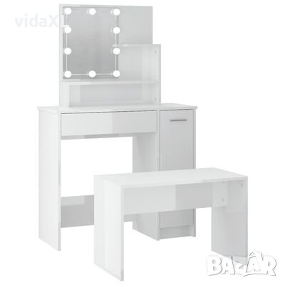 vidaXL Комплект тоалетка с LED, бял гланц, инженерно дърво(SKU:3114119, снимка 1