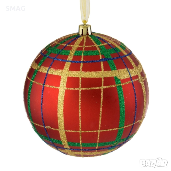 Коледна топка за елха червено каре брокат Ø12 см_1243620, снимка 1