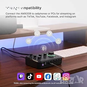 Аудио интерфейс за запис, стрийминг, подкастинг, акумулаторен аудио миксер с професионален, снимка 1