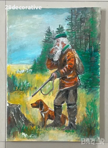 Картина на художник Венелин Петров “Ловец с куче” масло върху платно, снимка 1