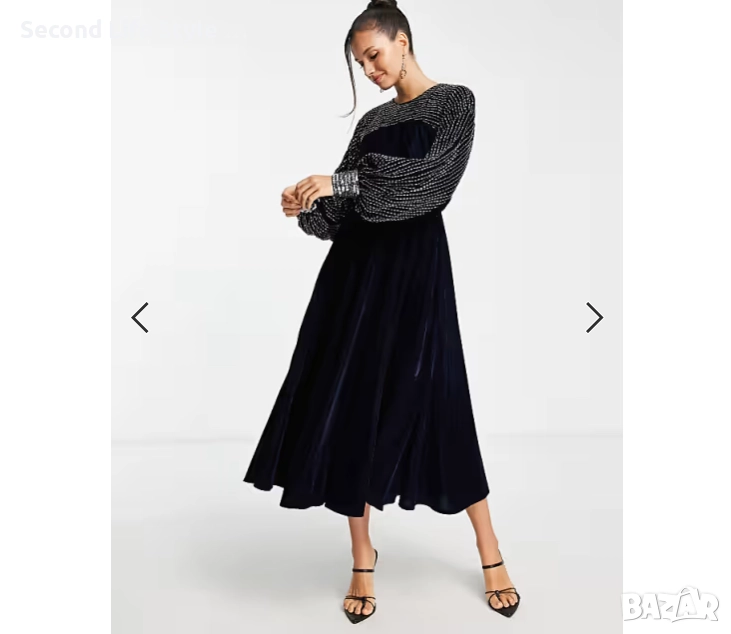 Нова дамска елегантна ASOS DESIGN midi рокля от тъмносиньо кадифе, р-р L, снимка 1