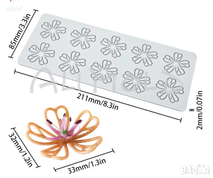 12 петлистни цветя цветчета контур силиконов молд форма дантела шоколад декор, снимка 1