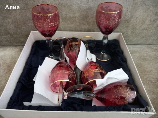 Гравирани чаши цветно стъкло за вино 6 бр., снимка 3 - Чаши - 40448334