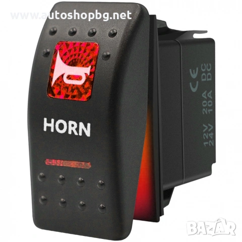 Бутон за клаксон  Бутон/копче ON/OFF с надпис HORN и червена подсветка, подходящо за всички 12–24V а