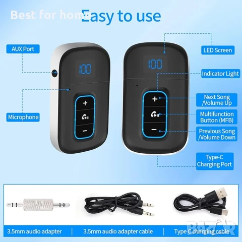  Bluetooth стерео адаптер с LED дисплей за автомобил, домашна система и др., снимка 5 - Други - 51309530