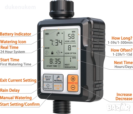 Програматор за напояване, таймер, автоматичен, с голям дисплей, снимка 2 - Напояване - 52812328