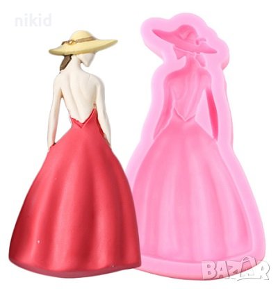 Дама жена цял ръст с дълга рокля и шапка капела силиконов молд форма фондан гипс декор