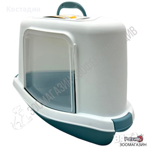 Закрита/Затворена Ъглова Котешка Тоалетна - с Филтър – 54см/40см - Бял/Стоманено Син цвят