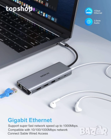Чисто нов хъб 14 в 1 USB-C докинг станция  за лаптоп с два монитора с 2 HDMI, VGA, 5 USB, SD/TF ..., снимка 9 - Кабели и адаптери - 52709998