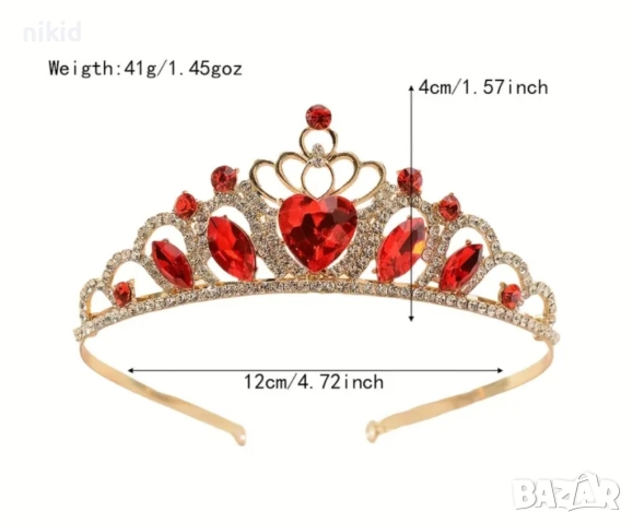 Детска дамска корона тиара венец диадема с червени камъни златиста метална, снимка 3 - Аксесоари за коса - 52543593