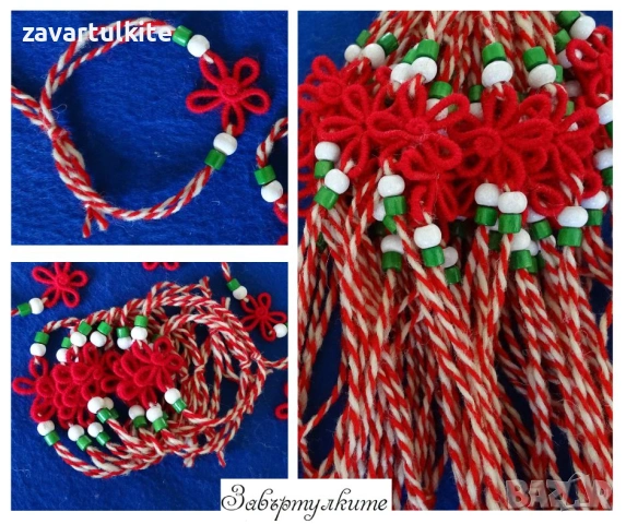 Мартеници гривни с вълнени конци и шарено или червено цвете, снимка 2 - Български сувенири - 53253546