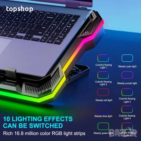 охлаждаща подложка за лаптоп с RGB светлини за лаптопи 14 - 19 инча с 8 регулируеми височини..., снимка 5 - Лаптоп аксесоари - 50553818