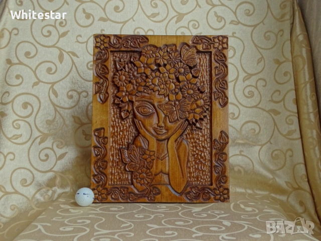 Красиво дърворезбовано пано "Момиче и пролет", снимка 2 - Декорация за дома - 53632743