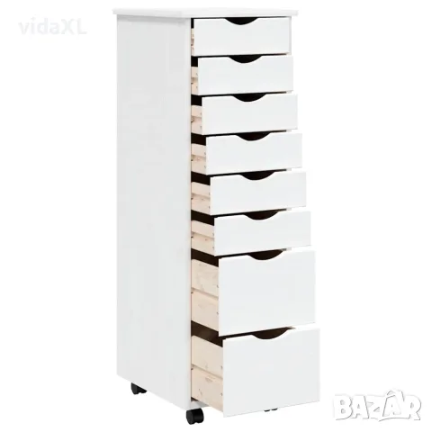 vidaXL Шкаф с чекмеджета на колелца MOSS, бял, бор масив, снимка 4 - Шкафове - 56147342