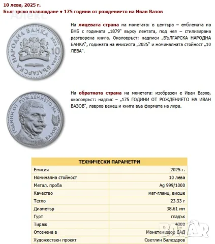 Монета 175 години от рождението на Иван Вазов , снимка 2 - Нумизматика и бонистика - 55963755