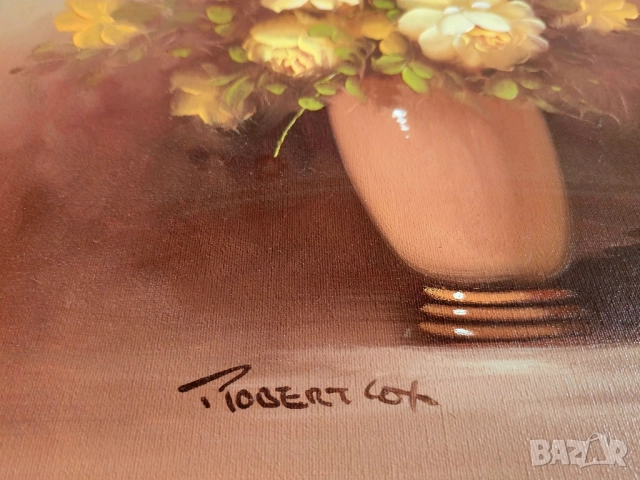 Винтидж оригинална маслена картина ваза и цветя на художника Робърт Кокс, снимка 7 - Картини - 52192915