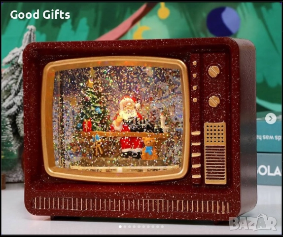 Коледен ретро телевизор с LED светлини и движещ се сняг – декоративна лампа с Дядо Коледа и снежни с