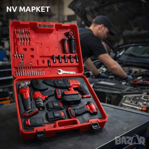 Комплект 4 в 1 акумулаторен перфоратор, гайковерт, винтоверт и ъглошлайф 36V 8A, снимка 2 - Куфари с инструменти - 53836672