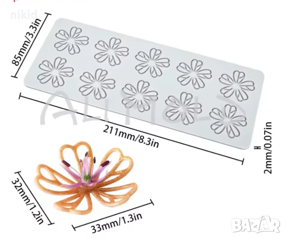 12 петлистни цветя цветчета контур силиконов молд форма дантела шоколад декор
