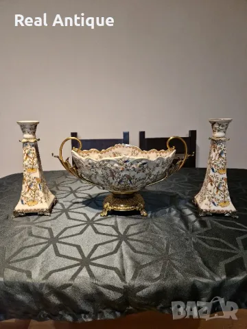Чудесен антикварен к-т порцеланова жардиниера и свещници 