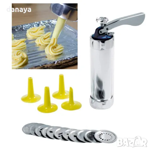 1949 Метален шприц за сладки сладкарски инструмент за декорация с 10 диска, снимка 3 - Форми - 48586529