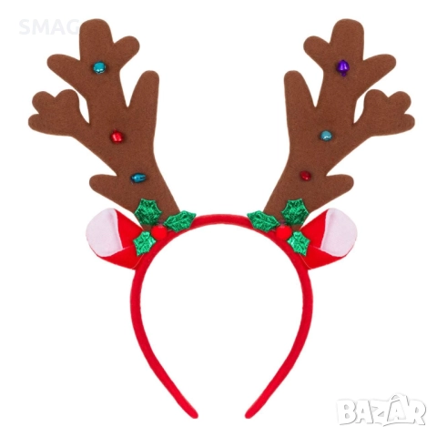 Коледна диадема с еленови рога, имел и цветни камбанки 15 см_1196844