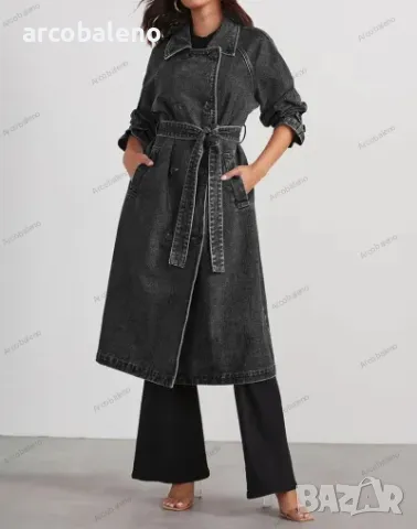 Дамско дънково памучно едноцветно свободно манто с дълги ръкави, копчета и двойни джобове, 2цвята , снимка 4 - Палта, манта - 47634038