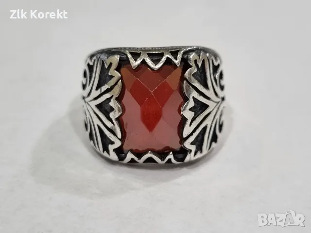 Сребърен пръстен с кехлибарен камък, снимка 2 - Пръстени - 56259576