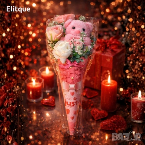 Декоративен подаръчен букет с плюшено мече и изкуствени цветя, снимка 5 - Декорация за дома - 53074326