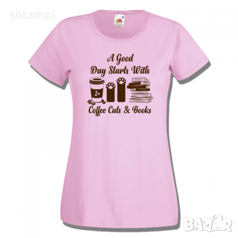 Дамска тениска A Good Day Starts With Coffee Cats & Books,Кафе,Изненада,Подарък,, снимка 6 - Тениски - 36427778