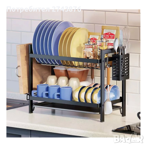 Сушилник на две нива,Черен, С поставка за прибори, 52.5х24.3х34см., снимка 3 - Аксесоари за кухня - 44639964