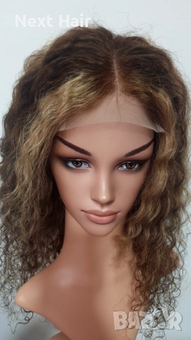 Афро къдрава естествена перука, кафява с руси кичури, 55 см, Lace 4х4, снимка 8 - Аксесоари за коса - 53283334