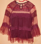 НОВА дантелена, елегантна блузка, цвят бордо. Размер S. 17 лв., снимка 1 - Ризи - 44189942