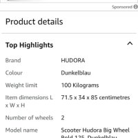 Hudora big wheel 125 детски скутер до 100кг, снимка 3 - Детски велосипеди, триколки и коли - 41494196