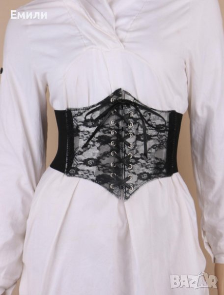 Черен корсет колан за талия с дантела и връзки - размер M-L, снимка 1