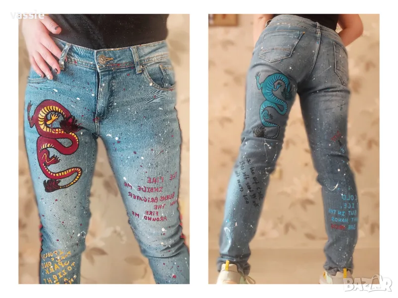 Ръчно рисувани дамски дънки , снимка 1