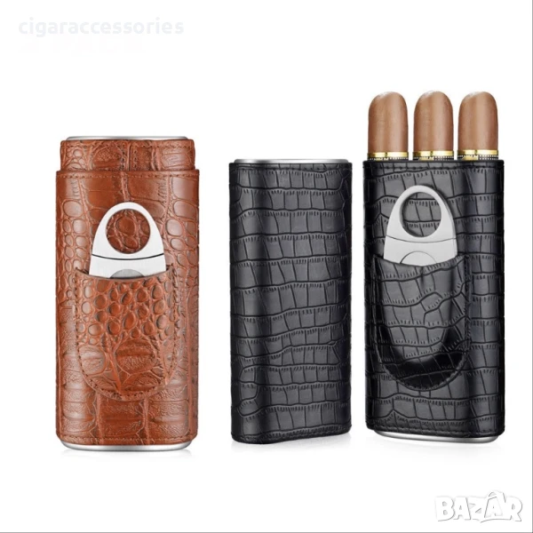 Елегантен кожен калъф за 3 пури с крокодилски ефект и резачка, снимка 1