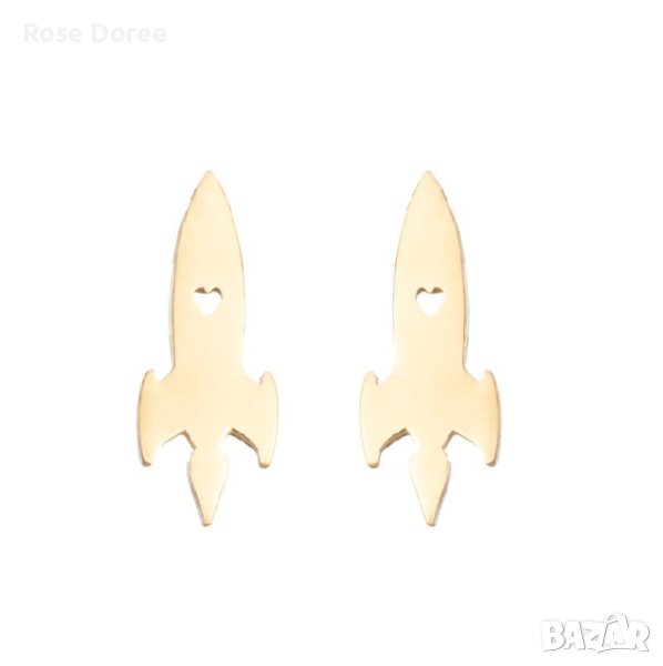 RD 509 Обеци Космическа Любов в златисто сърце ракета медицинска стомана безплатна доставка подарък, снимка 1