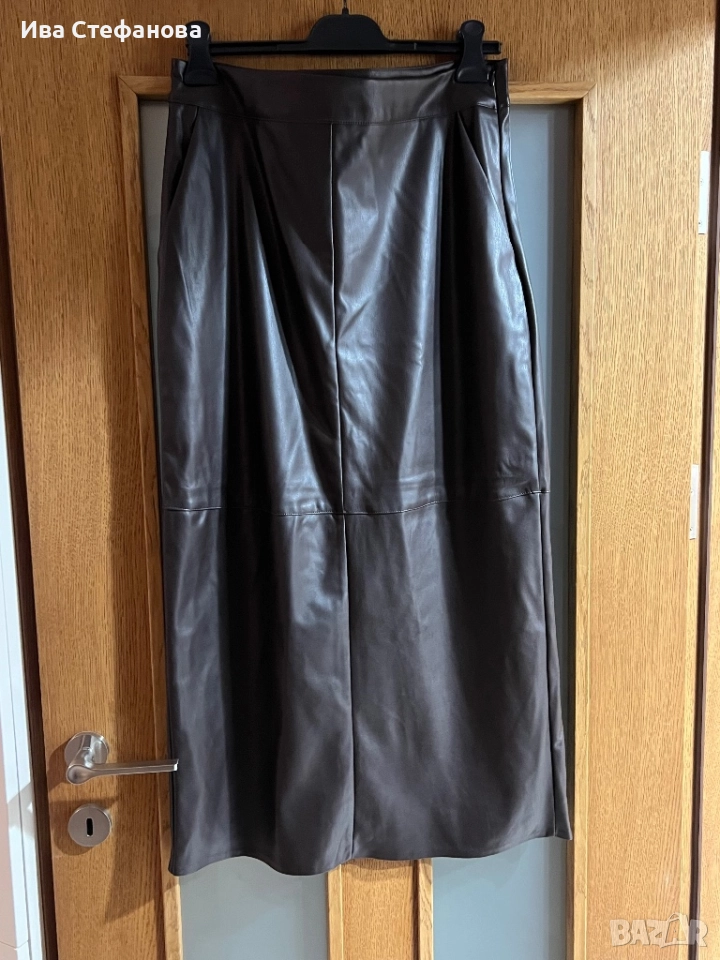 Нова елегантна дълга midi миди дължина кафява кожена пола, снимка 1