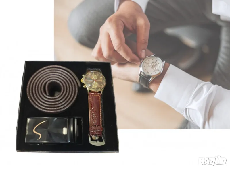Мъжки подаръчен комплект - Часовник и колан с изискан дизайн, снимка 1