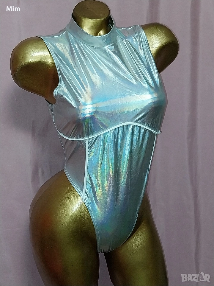  Резервирани М Сребристо боди от еластична еко кожа , снимка 1