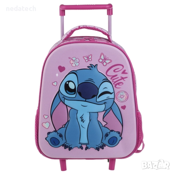 Ученическа раница на колелца Stich, Розов, 27x10x32 см., снимка 1