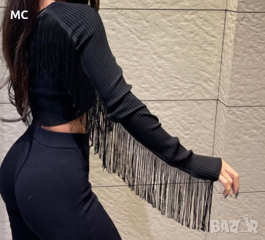 Ефектна черна Блуза (топ) с ресни , снимка 4 - Блузи с дълъг ръкав и пуловери - 41949081