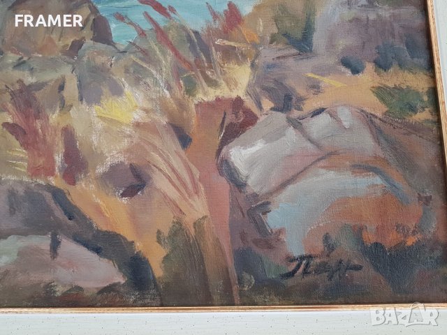 проф. Панайот Панайотов 1909-1986 Созопол централният плаж маслено 1950те години, снимка 5 - Картини - 41611669